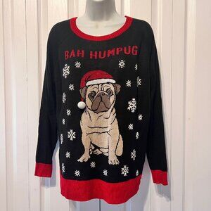Holiday Sweater-Women's Bah Humpug Black/Red Sweater-Long Sleeve-Snowflakes-LG